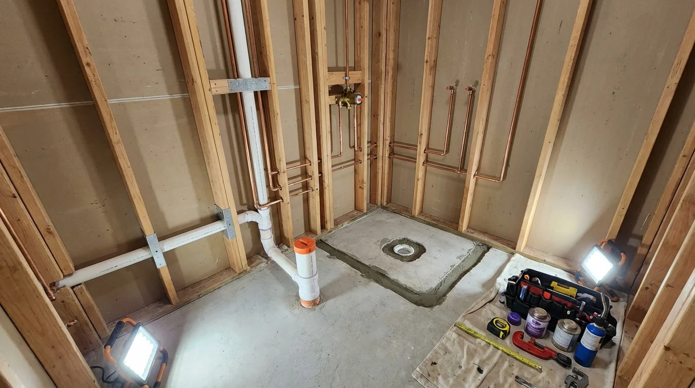 Bathroom rough-in plumbing during remodel by Johns Plumbing LLC in South Lake Tahoe