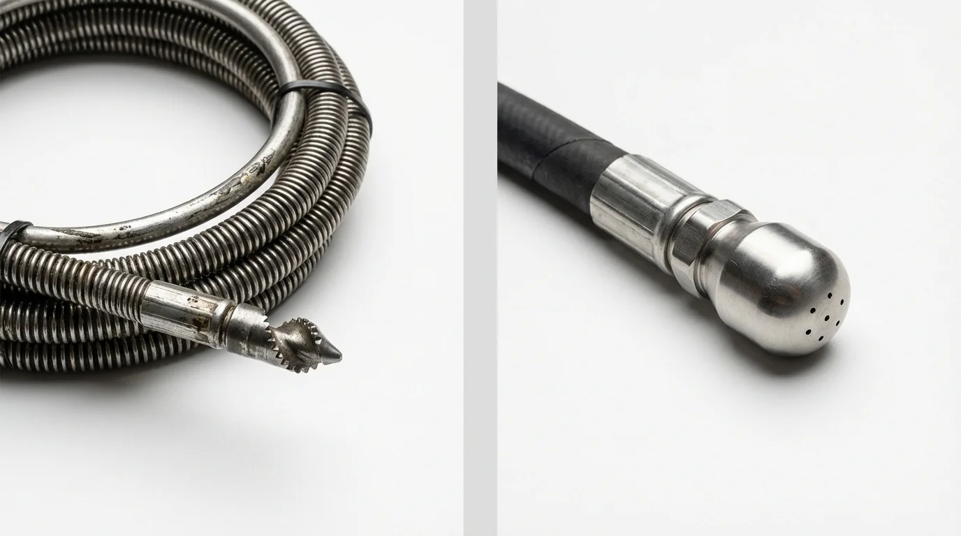 Drain snake cable and hydro jetting nozzle used for drain cleaning in South Lake Tahoe, CA