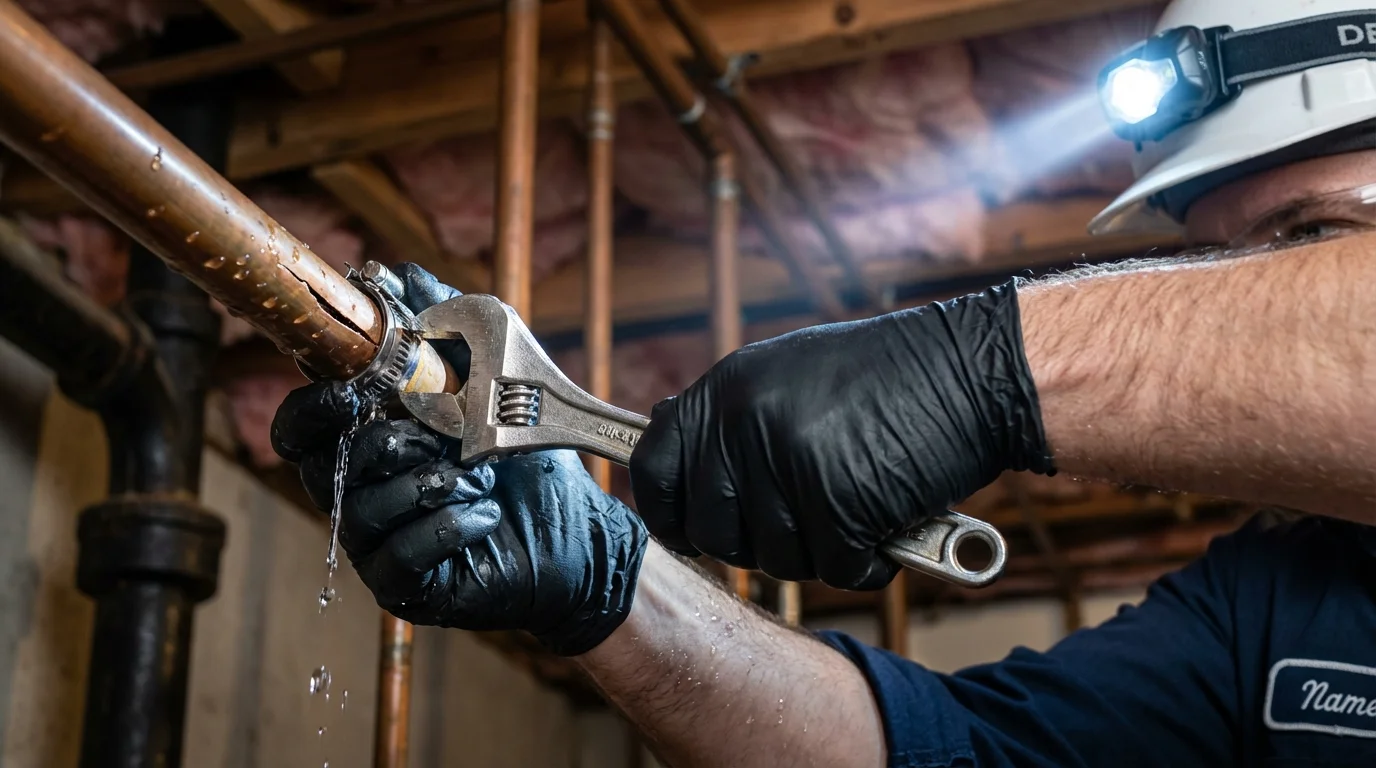 Emergency pipe clamp repair being performed by a Johns Plumbing LLC plumber in South Lake Tahoe
