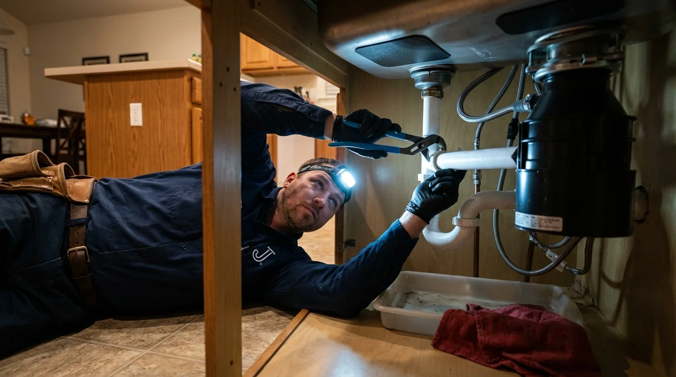 P-trap and supply line connections under a kitchen sink showing a common leak point in South Lake Tahoe, CA