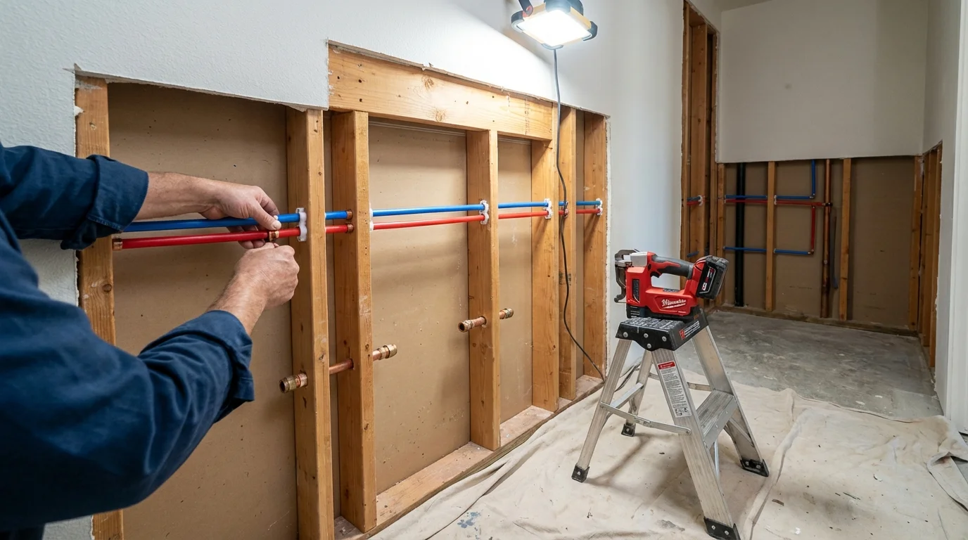 Old galvanized pipes being replaced with modern PEX piping during a whole-house repipe in South Lake Tahoe, CA